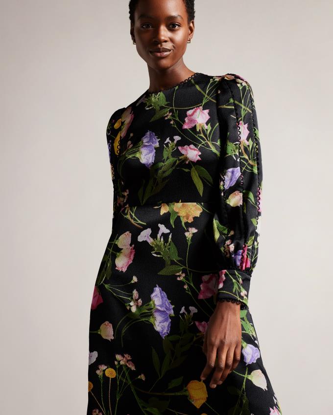 Peignoir Ted Baker Blouson Sleeve Floral Midi Noir Femme | BSU-15310617